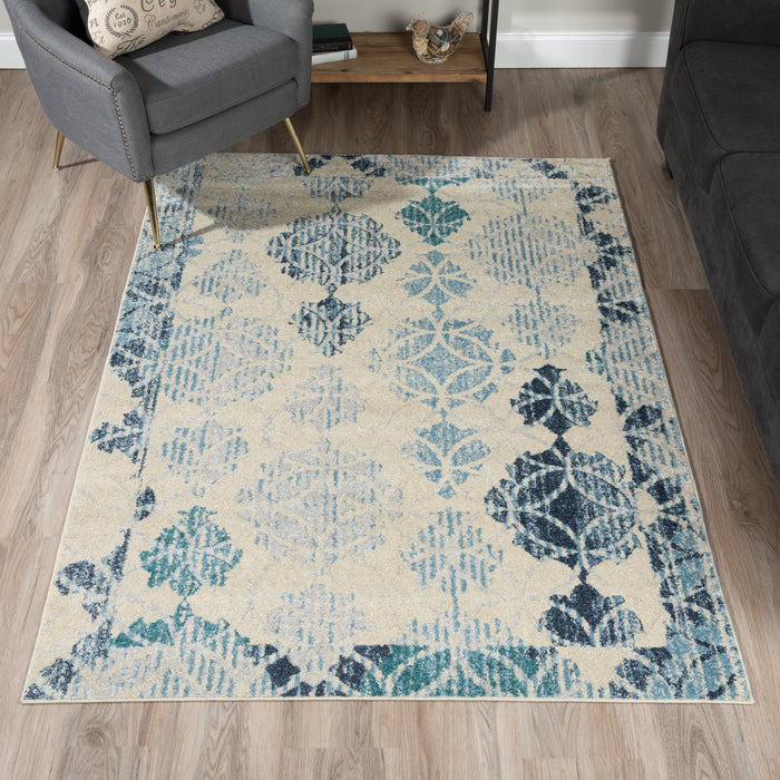 Contemporary Rug Distressed Geometric Accent Area Carpet Blue Silver 3x5 5x7 8x10 - Forever