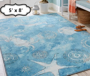 Beach Rug Nautical Area Throw Carpet Living Room Bedroom Dining Blue Mat 5x8