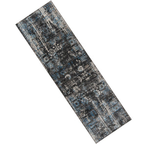 Gray Blue Distressed Contemporary Floral Runner Rug For Kitchen Hallway Living Room