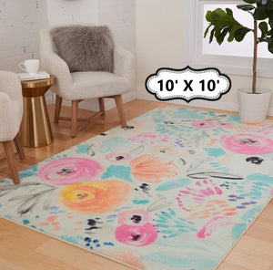 Floral Rug Pink Blue Area Throw Carpet Living Room Bedroom Dining Floor Mat 10x10