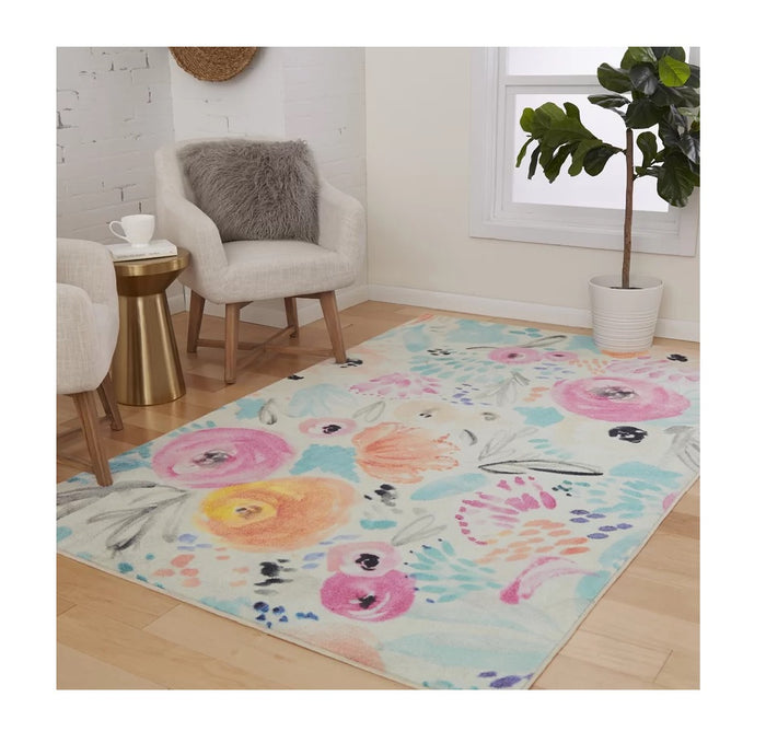 Floral Rug Pink Blue Area Throw Carpet Living Room Bedroom Dining Floor Mat 10x14