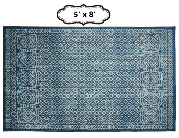 Geometric Rug Contemporary Area Throw Carpet Bedroom Living Room Blue Mat 5x8