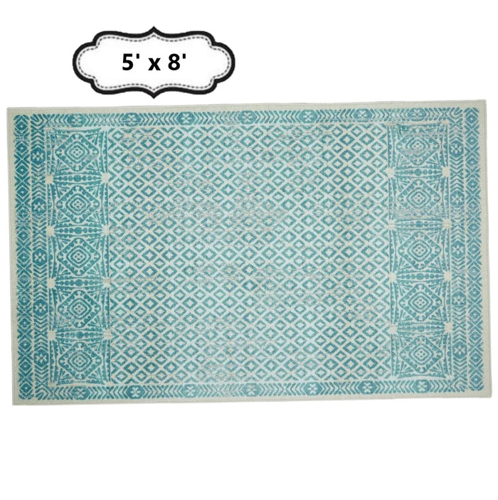 Geometric Rug Contemporary Area Throw Carpet Bedroom Living Room Teal Mat 5x8