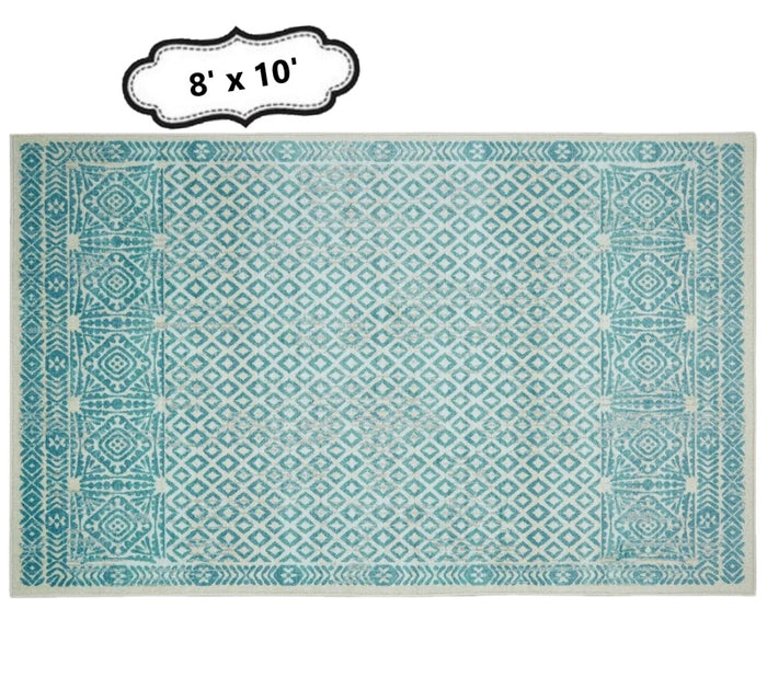 Geometric Rug Contemporary Area Throw Carpet Bedroom Living Room Teal Mat 8x10