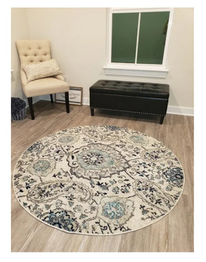 Round Rug 5' Contemporary Area Throw Carpet Bedroom Dining Room Grey Blue Mat