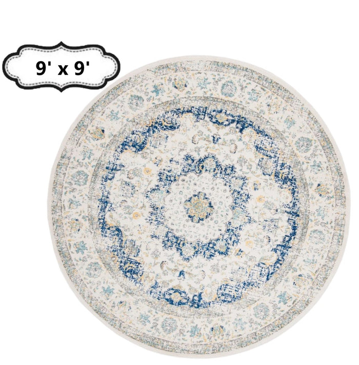 Round Rug Medallion Area Throw Carpet Living Room Bedroom Foyer Grey Gray Blue Mat 9’