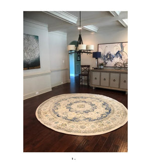 Round Rug Medallion Area Throw Carpet Living Room Bedroom Foyer Grey Gray Blue Mat 9’