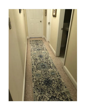 Long Runner Rug Floral Contemporary Area Throw Carpet Hallway Grey Blue Mat 2x16