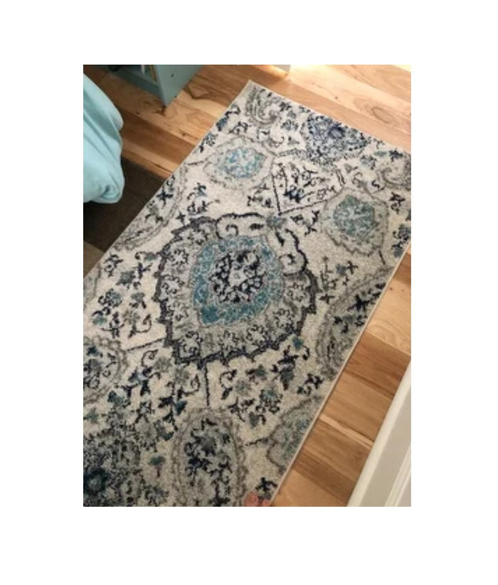 Long Runner Rug Floral Contemporary Area Throw Carpet Hallway Grey Blue Mat 2x20