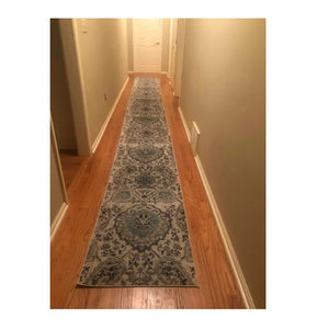 Long Runner Rug Floral Contemporary Area Throw Carpet Hallway Grey Blue Mat 2x20