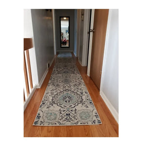 Long Runner Rug Floral Contemporary Area Throw Carpet Hallway Grey Blue Mat 2x22