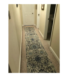 Long Runner Rug Floral Contemporary Area Throw Carpet Hallway Grey Blue Mat 2x22