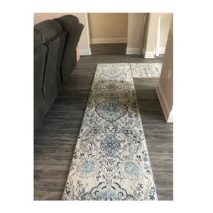 Long Runner Rug Floral Contemporary Area Throw Carpet Hallway Grey Blue Mat 2x22