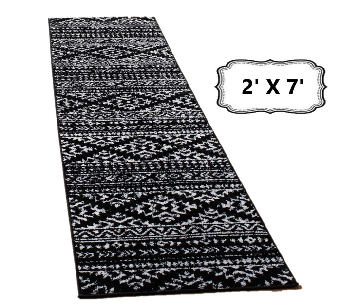 Long Runner Rug Black Geometric Bohemian Bedroom Living Room Carpet Area Floor Mat 2x7