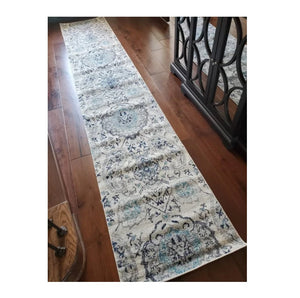 Long Runner Rug Floral Contemporary Area Throw Carpet Hallway Grey Blue Mat 2x10