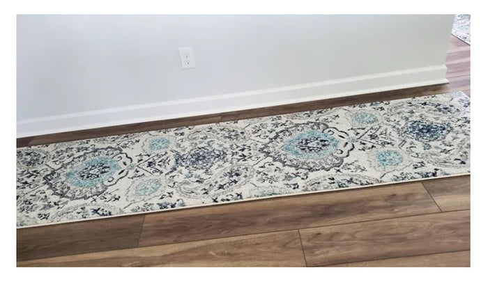 Runner Rug Floral Contemporary Area Throw Carpet Hallway Grey Blue Mat 2x12