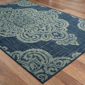 Navy Rug Indoor Outdoor Contemporary Medallion Blue Gray Area Carpet Naples Collection