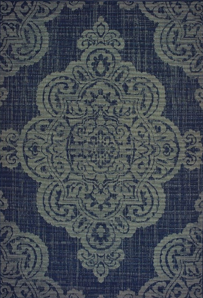 Navy Rug Indoor Outdoor Contemporary Medallion Blue Gray Area Carpet Naples Collection