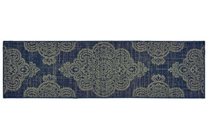 Navy Rug Indoor Outdoor Contemporary Medallion Blue Gray Area Carpet Naples Collection