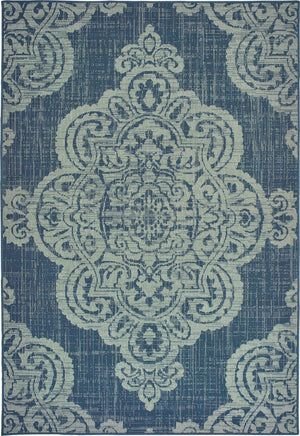 Navy Rug Indoor Outdoor Contemporary Medallion Blue Gray Area Carpet Naples Collection